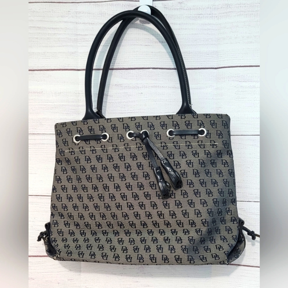 EUC Dooney and Bourke leather and canvas Monogram shoulder bag